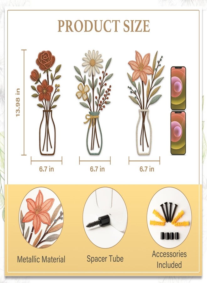 CarryWise 3 Piece Metal Flower Wall Art for Bedroom Living Room Rustic Farmhouse Floral Wall Decor for Bathroom Dining Room Boho Home Decorations Modern Minimalism Walls Hanging Sculptures - Image 3